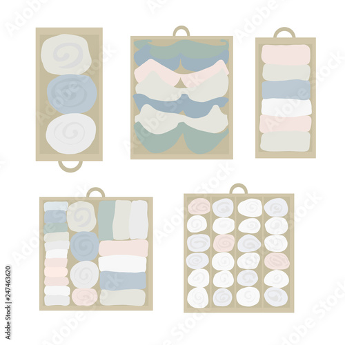 Drawer organization Vector icon set. Closet organization illustration. House keeping. Tidy up. Declutter and tidying up concept. Different drawers with folded clothes. Bras, socks, shirts in drawers
