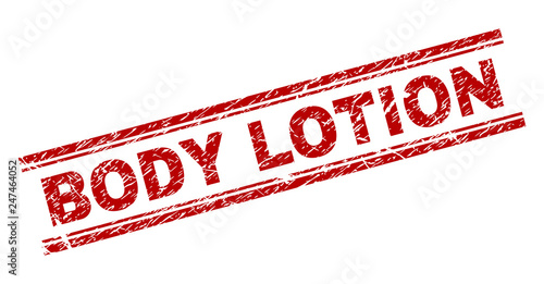 BODY LOTION seal print with distress effect. Red vector rubber print of BODY LOTION caption with unclean texture. Text caption is placed between double parallel lines.