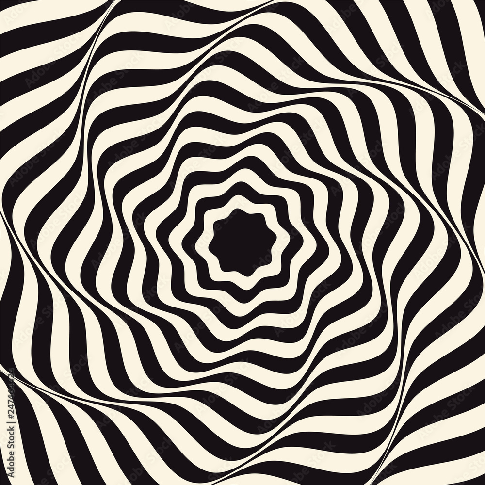 Vector optical art illusion of striped geometric black and white abstract surface flowing like a hypnotic worm-hole tunnel. Optical illusion style design Vector optical art illusion of striped geometric black and white abstract surface flowing like a hypnotic worm-hole tunnel. Optical illusion style design