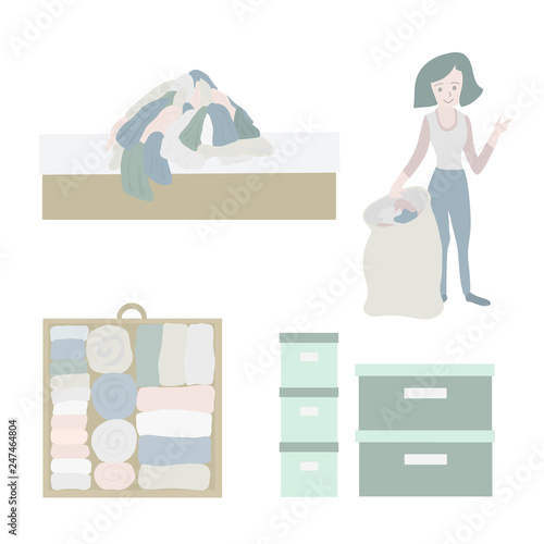 Declutter and Tidy up concept vector icon set. Closet organization illustration. Woman with bag decluttering and tidying her clothes. Before after. Drawer with folded clothes. Storage boxes