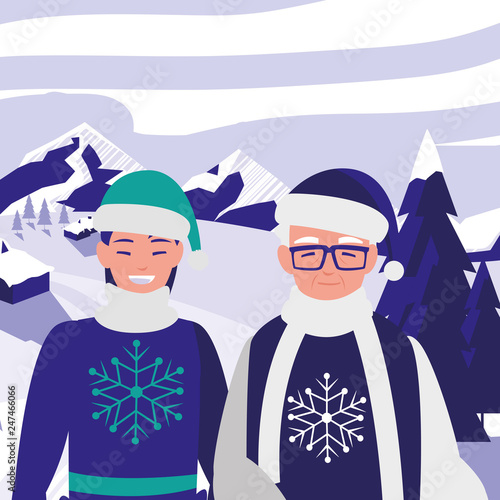 cute grandfather and daughter with winter clothes