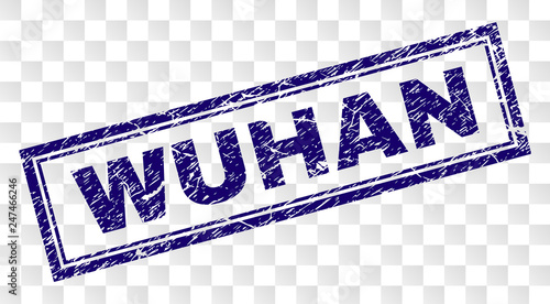 WUHAN stamp seal imprint with rubber print style and double framed rectangle shape. Stamp is placed on a transparent background. Blue vector rubber print of WUHAN tag with unclean texture.