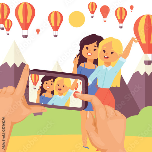 Selfie girl vector beautiful woman character photographing herself on smartphone camera illustration backdrop of fashion female girlie person holding mobile phone for photo background