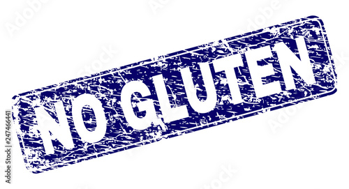 NO GLUTEN stamp seal print with grunge texture. Seal shape is a rounded rectangle with frame. Blue vector rubber print of NO GLUTEN label with dirty texture.