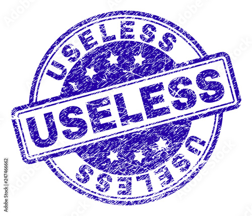 USELESS stamp seal imprint with distress texture. Designed with rounded rectangles and circles. Blue vector rubber print of USELESS text with dirty texture.