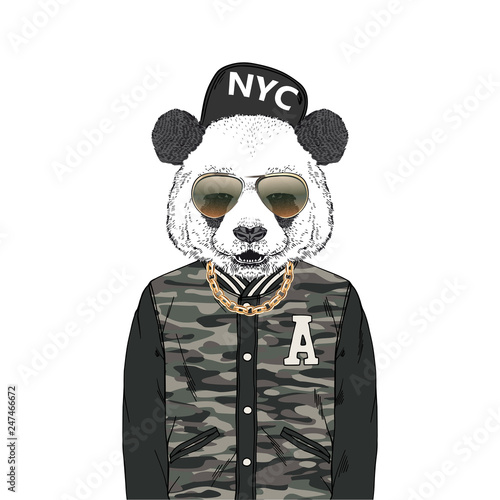 Panda bear hipster dressed up in modern urban swag outfits like bomber jacket, golden chain, cap and sunglasses. Furry art illustration, fashion animals