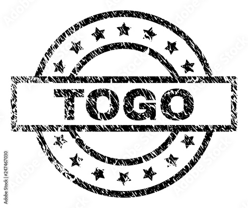 TOGO stamp seal watermark with distress style. Designed with rectangle, circles and stars. Black vector rubber print of TOGO title with grunge texture.