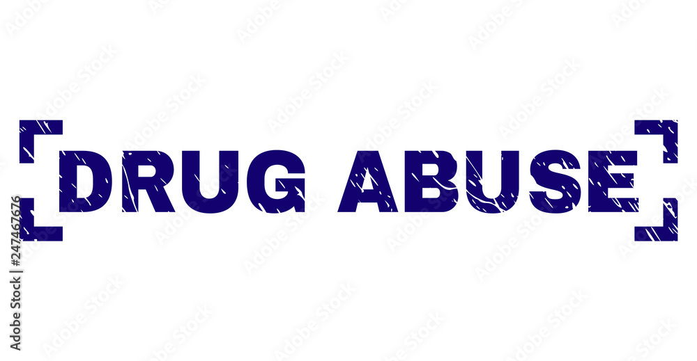 DRUG ABUSE text seal stamp with distress texture. Text title is placed inside corners. Blue vector rubber print of DRUG ABUSE with scratched texture.