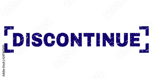DISCONTINUE text seal stamp with distress texture. Text title is placed inside corners. Blue vector rubber print of DISCONTINUE with dirty texture.