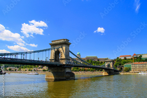 Beautiful old Chain Bridge Szechenyi over the Danube River in the capital of Hungary Budapest. Budapest view