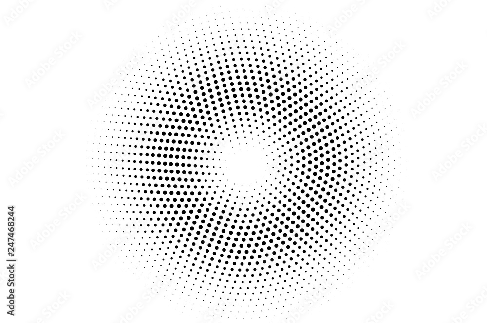 Black and white halftone vector. Centered dotted gradient. Faded circle dotwork surface. Vintage overlay