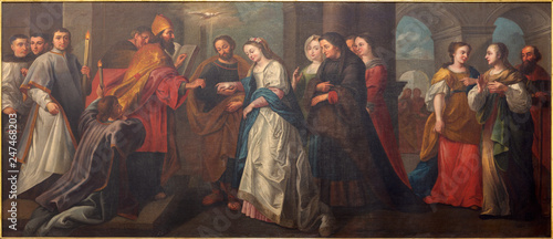 PRAGUE, CZECH REPUBLIC - OCTOBER 16, 2018: The painting of Wedding of Virgin Mary and St. Joseph in church kostel Svatého Havla by unknown baroque artist. photo