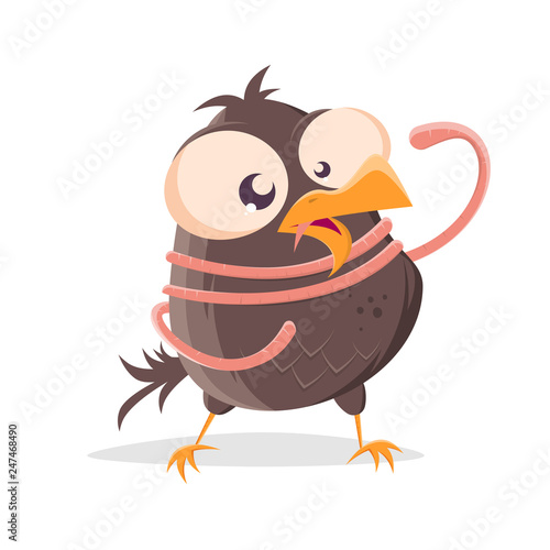 funny cartoon illustration of a bird getting strangled by a worm