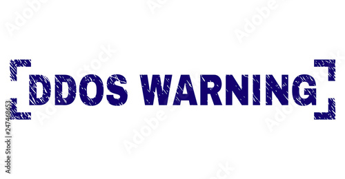 DDOS WARNING text seal print with distress texture. Text caption is placed between corners. Blue vector rubber print of DDOS WARNING with retro texture.