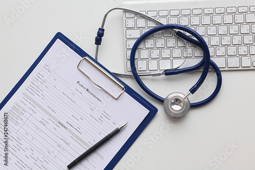 Tablet PC and medical equipments, medical technology concept. Stethoscope