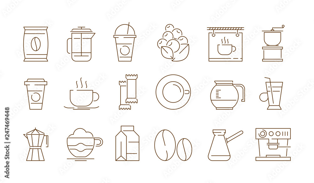 Coffe shop icon. Hot drinks tea and coffee time with cake food vector thin symbols isolated. Coffee drink and tea illustration Coffe shop icon. Hot drinks tea and coffee time with cake food vector thin symbols isolated. Coffee drink and tea illustration