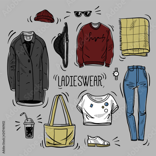 Hand drawn colored set of ladies wear sketches: t-shirt, overcoat, sweatshirt, bag, scarf, jeans, boots and accessories. Vector isolated outline on white background