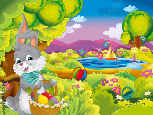 cartoon happy easter rabbit with beautiful easter eggs in basket on nature spring background - illustration for children