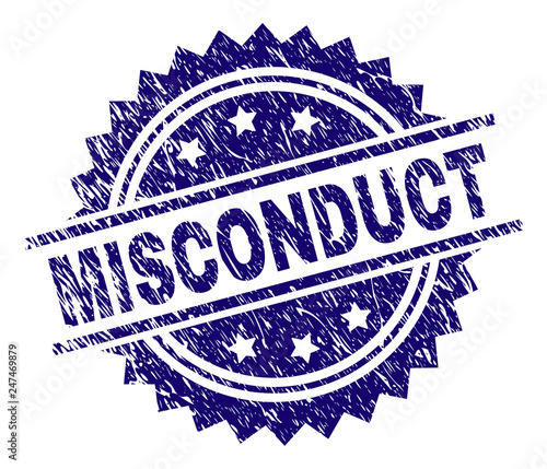 MISCONDUCT stamp seal watermark with distress style. Blue vector rubber print of MISCONDUCT label with dust texture.
