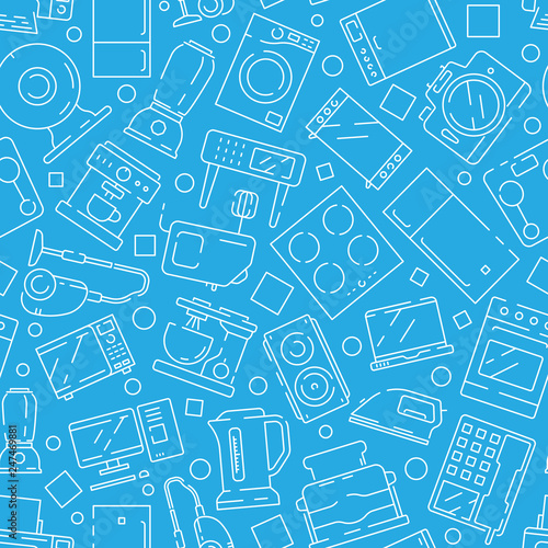 Household electronics pattern. Home modern appliances kitchen objects refrigerator microwave kettle computer tv vector seamless. Illustration of home electronic line pattern