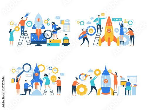 Startup business characters. Rocket launch success people making work freedom career managers office vector business concept. Illustration of project startup and teamwork progress