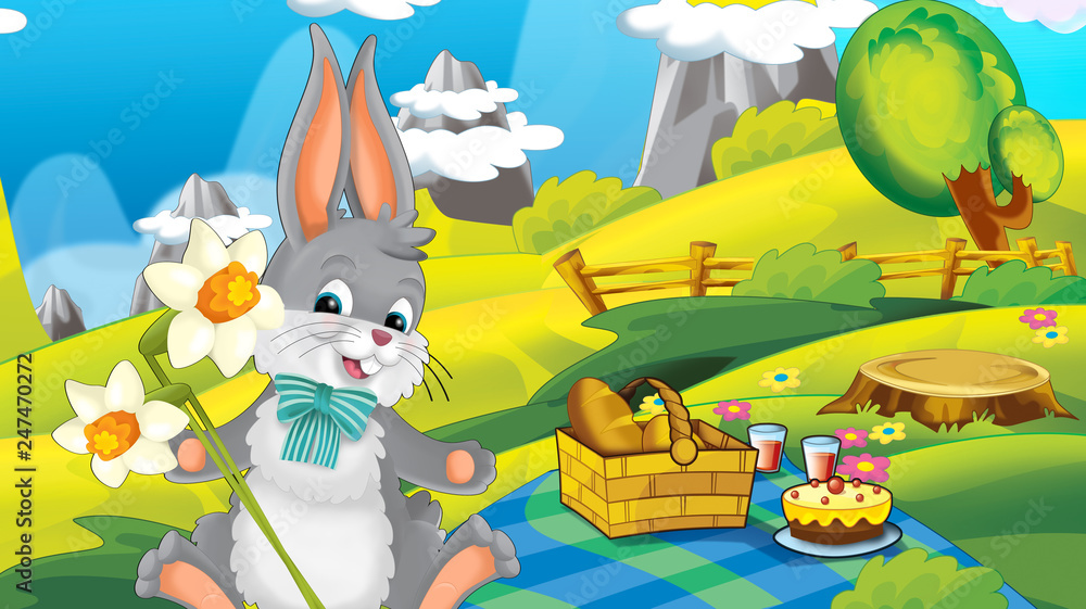 Fotografie cartoon happy easter rabbit with beautiful flowers on nature spring background -