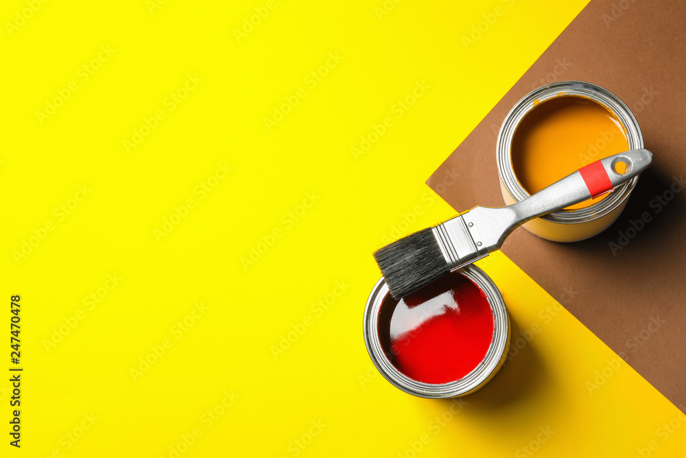 Ταπετσαρία Flat lay composition with paint cans and space for text on color background