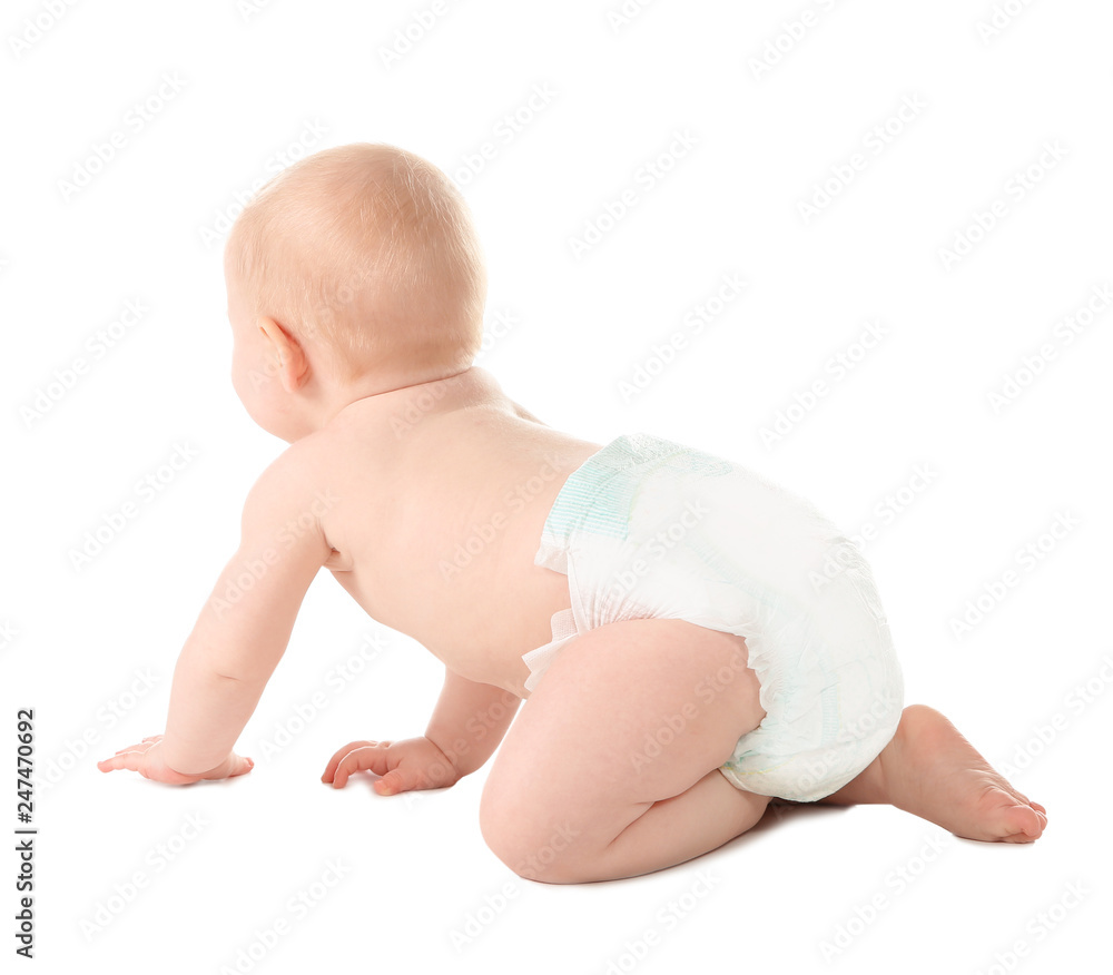 Cute little baby crawling on white background Cute little baby crawling on white background
