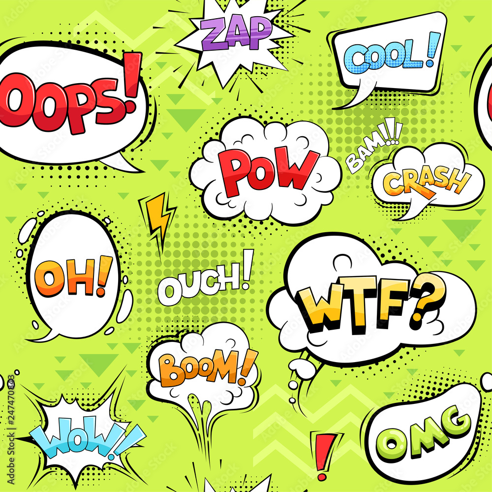 Comic bubbles seamless. Cartoon explode circle shapes talk sounds in balloons retro pattern vector textile design. Illustration of sound bubble seamless balloon, speech and comic communication Comic bubbles seamless. Cartoon explode circle shapes talk sounds in balloons retro pattern vector textile design. Illustration of sound bubble seamless balloon, speech and comic communication
