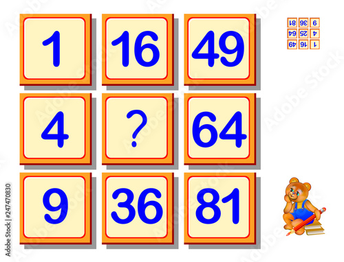 Logic puzzle game for children and adults. What number should be in the center? Find regularity. Printable page for brainteaser book. Vector cartoon image.