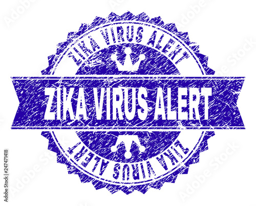 ZIKA VIRUS ALERT rosette stamp seal watermark with grunge texture. Designed with round rosette, ribbon and small crowns. Blue vector rubber watermark of ZIKA VIRUS ALERT title with dirty texture.