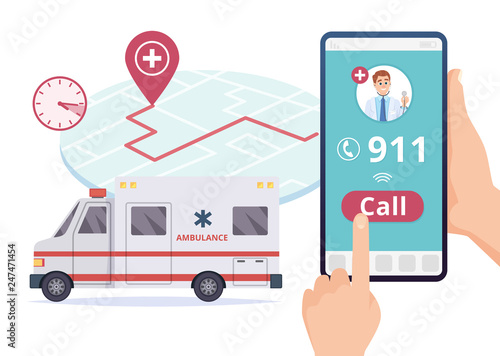 Ambulance service. Urgent 911 hospital emergency call vector concept. Illustration of emergency 911 telephone assistance
