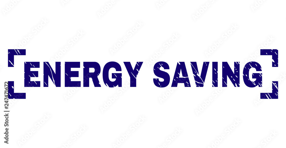 ENERGY SAVING label seal print with corroded style. Text label is placed inside corners. Blue vector rubber print of ENERGY SAVING with corroded texture.