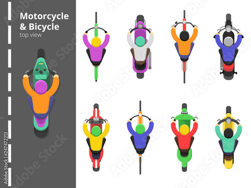Bike bicycles top. Overhead topping view motorbike fast driving young male driver vector flat pictures. Illustration of motorcycle fast, scooter drive