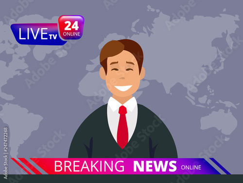 Television news. Breaking reporter tv and broadcast headline news anchor vector graphic template. Illustration of breaking news, journalist and newscaster