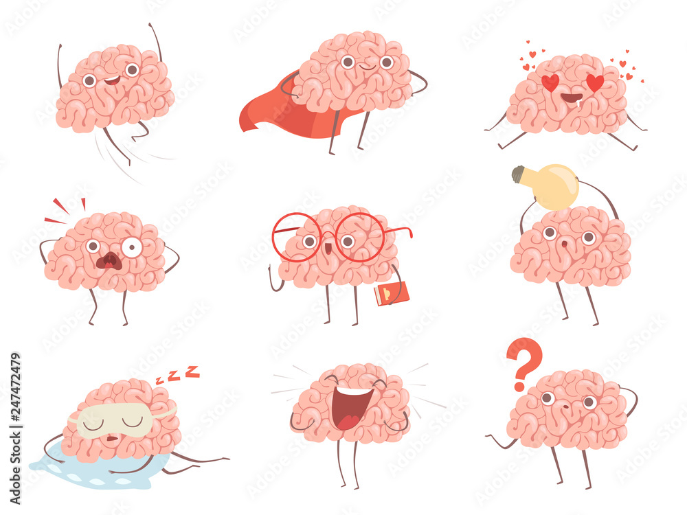Brain characters. Cartoon mascot making different sport exercises brain  activities vector pictures. Illustration of brain mascot, think and funny  Stock Vector | Adobe Stock