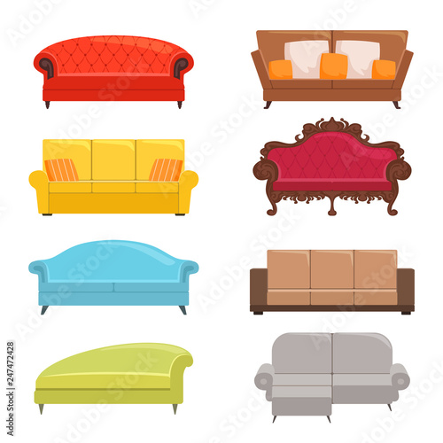 Sofa collection. Bed classic divan modern coach vector interior furniture. Illustration of colored divan for interior, furniture sofa © ONYXprj