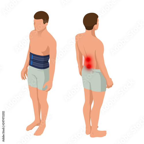 Lower back pain or Spine pain, osteoporosis. Anatomical body of a man. Rehabilitation after trauma. Orthopedics and medicine. Isometric Vector illustration