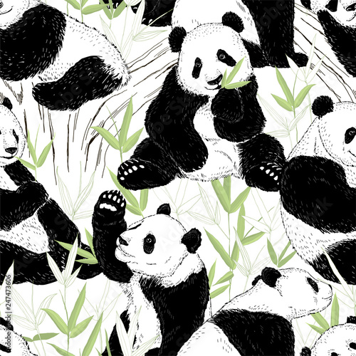 Seamless pattern with hand-drawn cute pandas and bamboo.