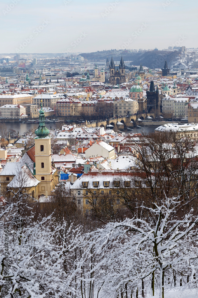 Snowy Prague City from Hill Petrin, Czech republic