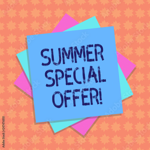 Writing note showing Summer Special Offer. Business photo showcasing product or service that is offered at a very low price Multiple Layer of Sheets Color Paper Cardboard with Shadow