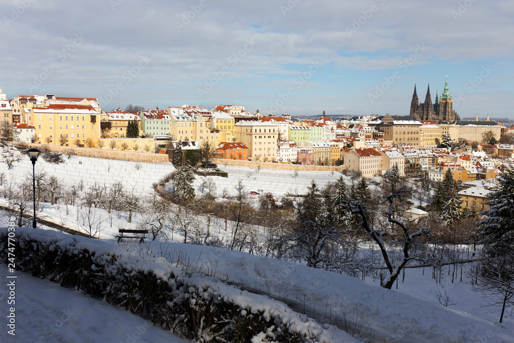 Obraz premium Snowy Prague City with gothic Castle from Hill Petrin in the sunny Day, Czech republic