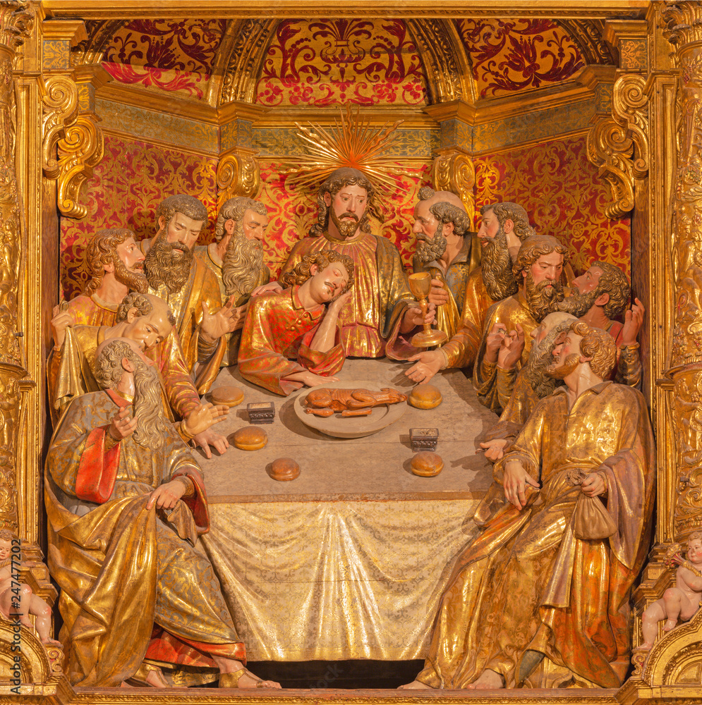 PALMA DE MALLORCA, SPAIN - JANUARY 30, 2019: The carved polychrome relief of the Last Supper in cathedral La Seu and Corpus Christi Chapel by Majorcan sculptor Jaume Blanquer (1641).