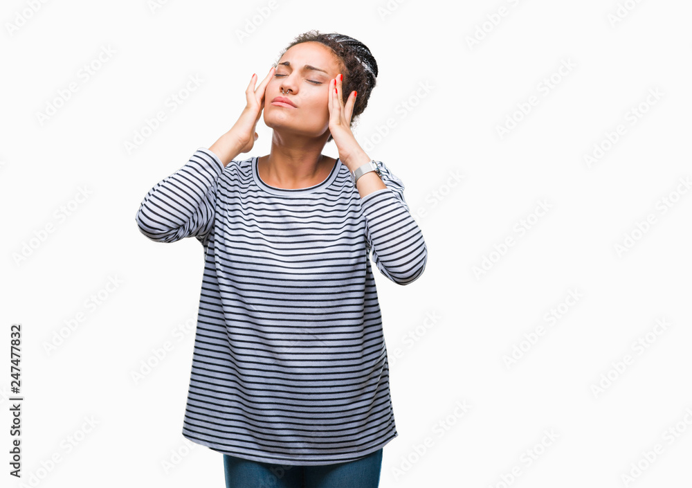 Young braided hair african american girl wearing sweater over isolated background with hand on head for pain in head because stress. Suffering migraine. Young braided hair african american girl wearing sweater over isolated background with hand on head for pain in head because stress. Suffering migraine.
