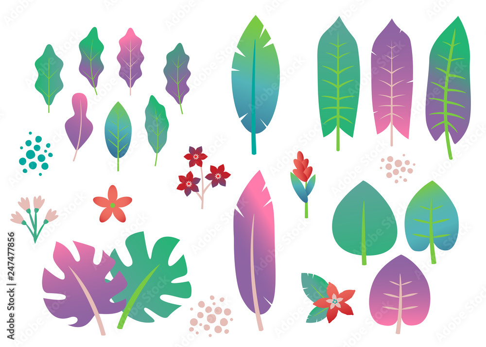 Set of gradient tropical leaves and flowers. Bright trendy colors. Vector Set of gradient tropical leaves and flowers. Bright trendy colors. Vector