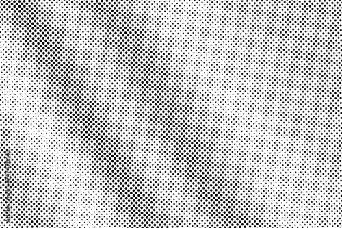 Black and white halftone vector texture. Diagonal dotted gradient. Contrast dotwork surface. Vintage effect overlay