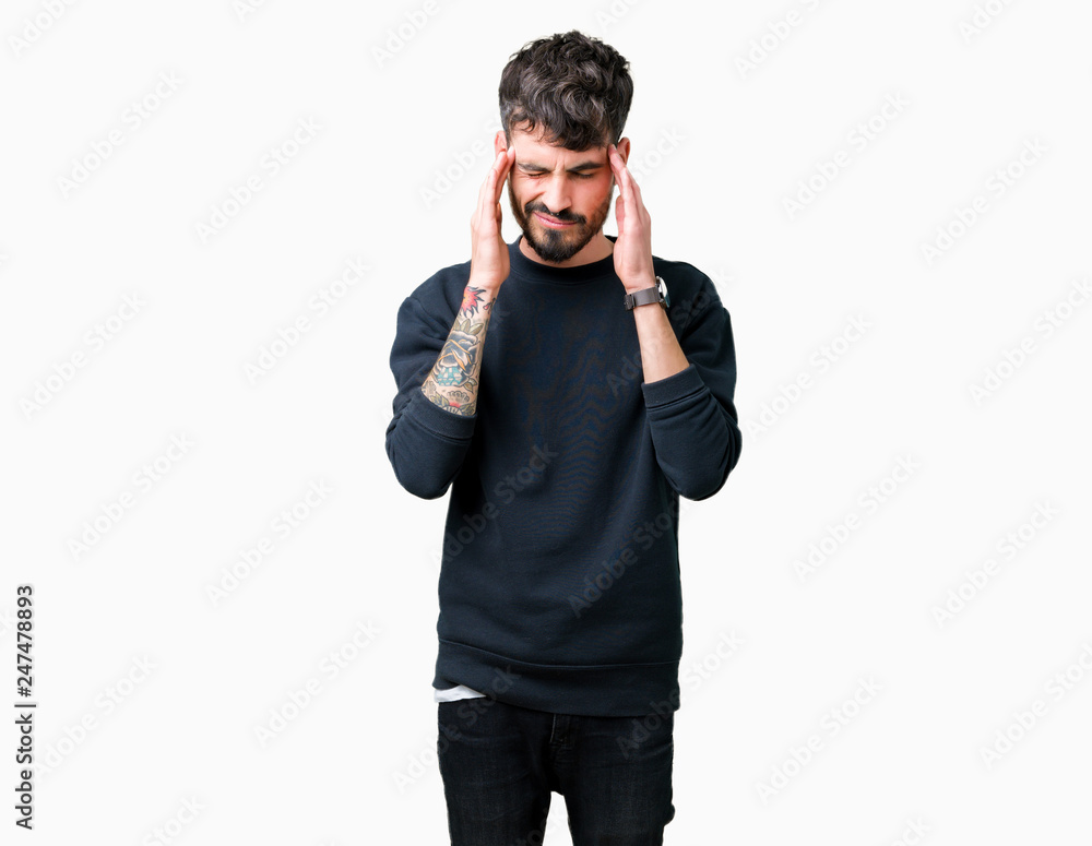 Young handsome man over isolated background with hand on head for pain in head because stress. Suffering migraine. Young handsome man over isolated background with hand on head for pain in head because stress. Suffering migraine.