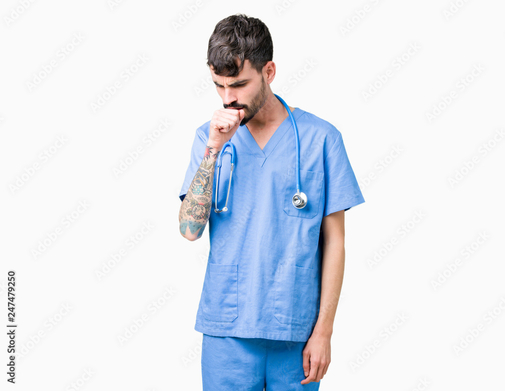 Young handsome nurse man wearing surgeon uniform over isolated background feeling unwell and coughing as symptom for cold or bronchitis. Healthcare concept. Young handsome nurse man wearing surgeon uniform over isolated background feeling unwell and coughing as symptom for cold or bronchitis. Healthcare concept.