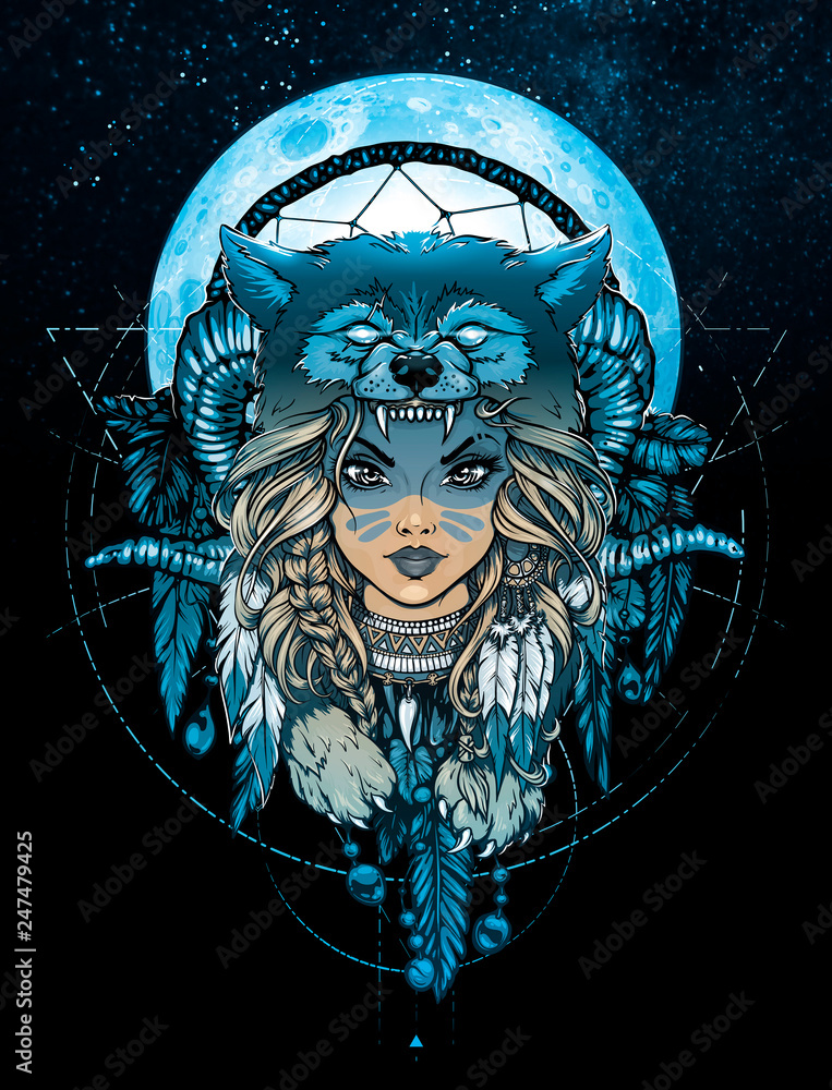 Native American Girl With Wolf Headdress Full Color Illustration 77167860   Megapixl