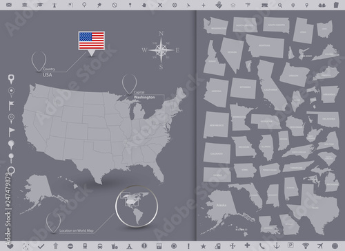 USA map and flag with regions